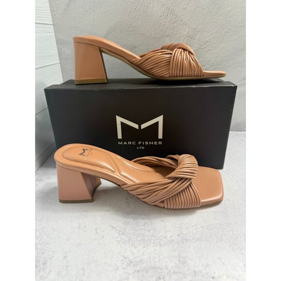 Marc Fisher Nude Chunky Heel‎ Mule Sandals Womens Size 6.5 Leather Square Toe - Picture 2 of 11